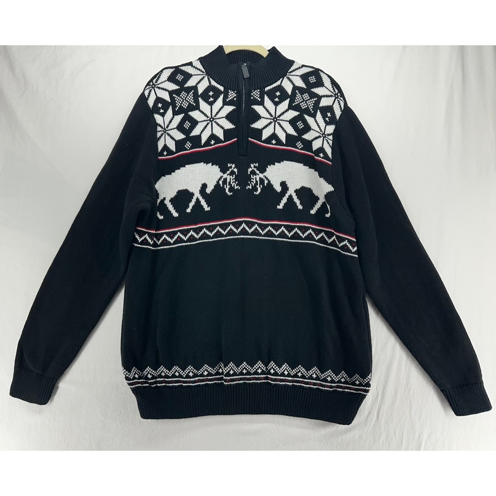 Chaps Mens Black Fair Isle Reindeer Snowflake Quarter Zip Cotton Sweater Large